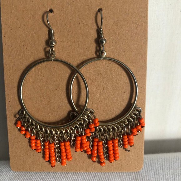 Open Hoop Orange Beaded Dangle Gold Tone Chain Earrings - Picture 1 of 5